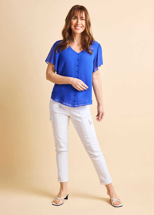 Angel Sleeve V Neck Button Blouse Blue