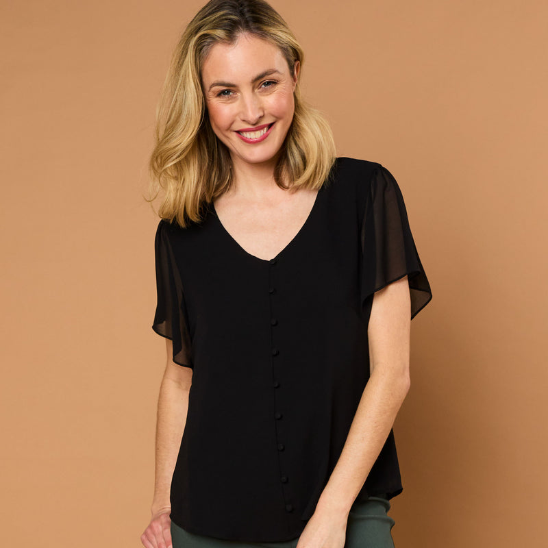 Angel Sleeve V Neck Button Blouse Black