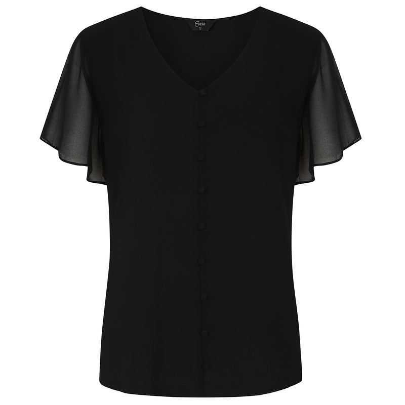 Angel Sleeve V Neck Button Blouse Black