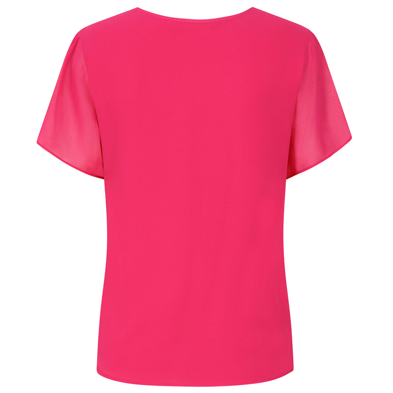 Angel Sleeve V Neck Button Blouse Hot Pink