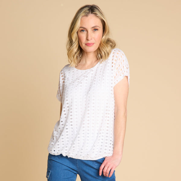 Lace Jersey Knit Elastic Hem Top Ivory