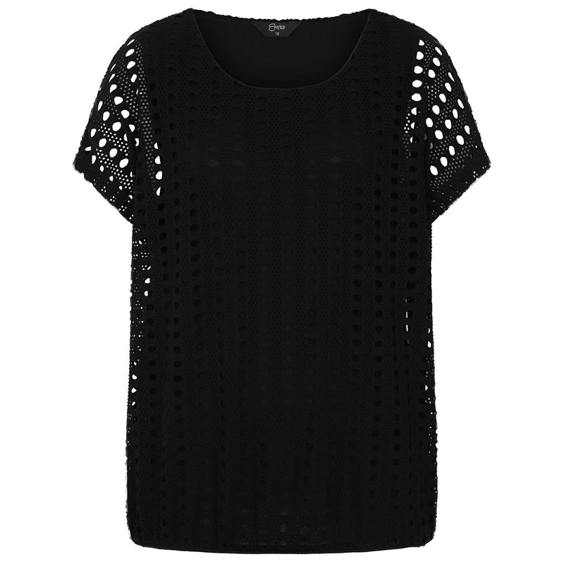 Lace Jersey Knit Elastic Hem Top Black