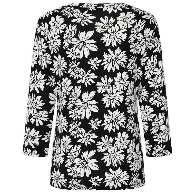 3/4 Sleeve V Neck Floral Print Top Black / White