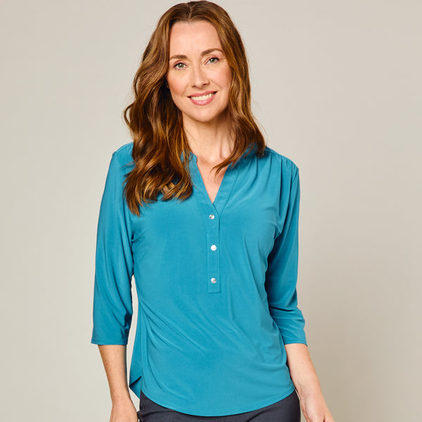 3/4 Sleeve Plain Mandarin Collar Blouse Teal