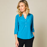 3/4 Sleeve Plain Mandarin Collar Blouse Teal