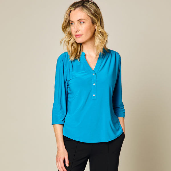 3/4 Sleeve Plain Mandarin Collar Blouse Teal