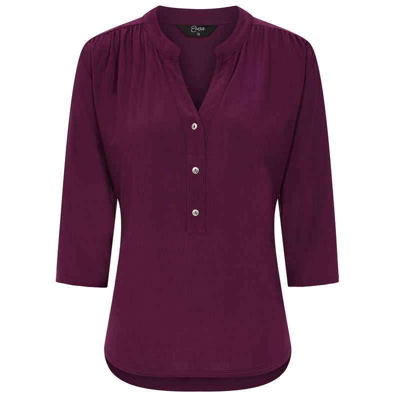 3/4 Sleeve Plain Mandarin Collar Blouse Berry