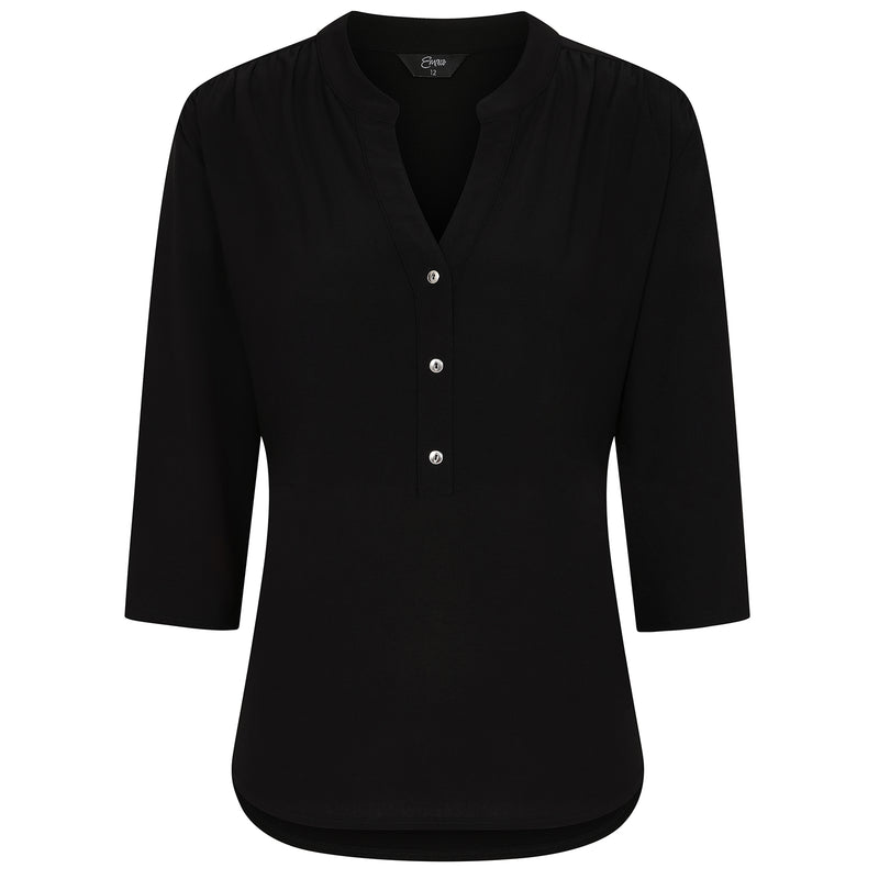 3/4 Sleeve Plain Mandarin Collar Blouse Black