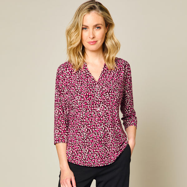 3/4 Sleeve Smudge Animal Print Blouse Berry