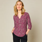 3/4 Sleeve Smudge Animal Print Blouse Berry