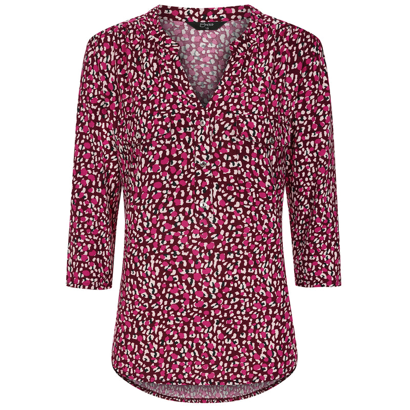 3/4 Sleeve Smudge Animal Print Blouse Berry