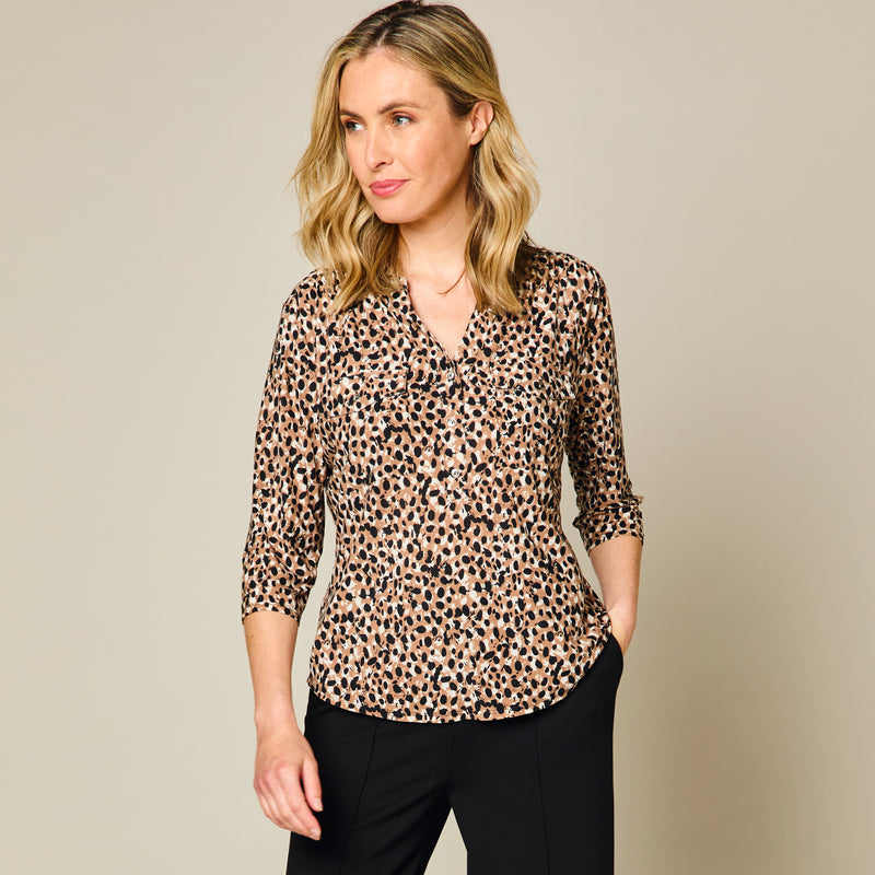 3/4 Sleeve Spot Animal Print Blouse Beige