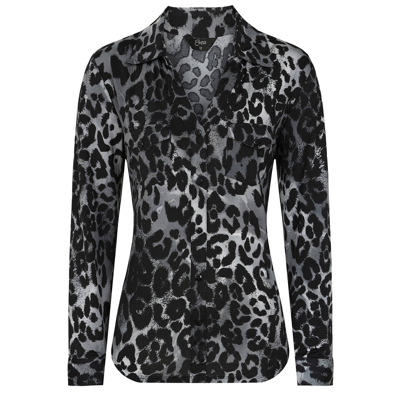 Long Sleeve Animal Print Blouse Grey