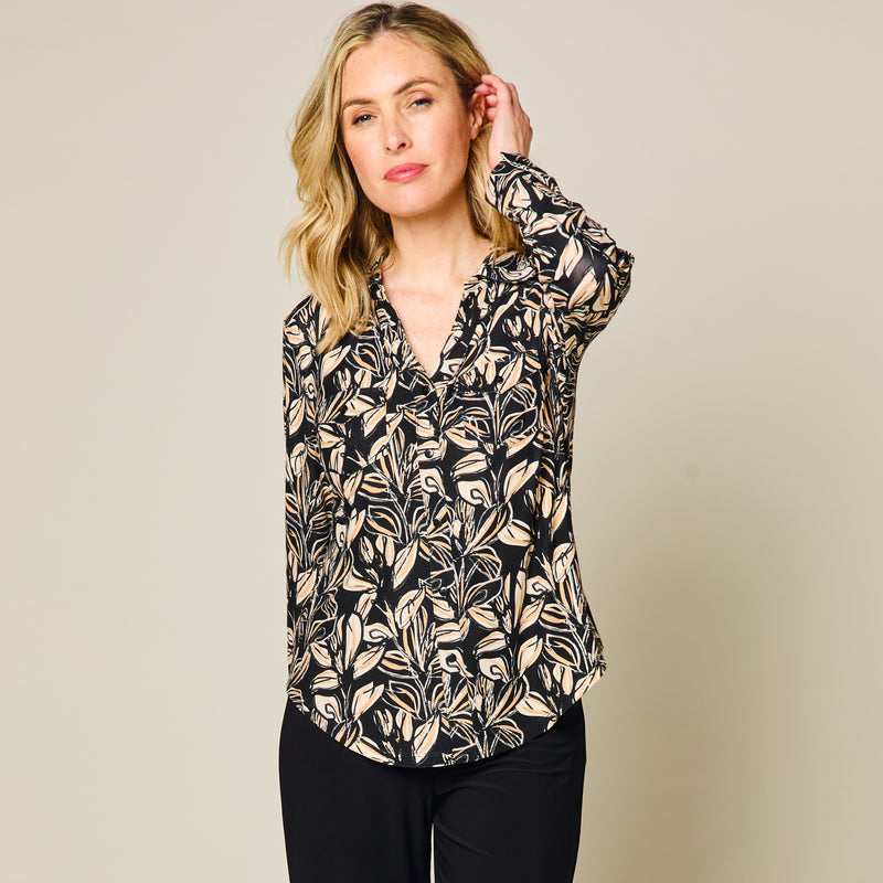 Long Sleeve Floral Classic Collar Blouse Black