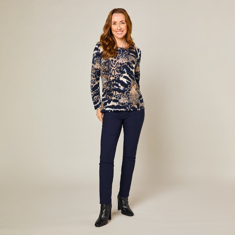 Soft Touch Round Neck Animal Print Top Navy