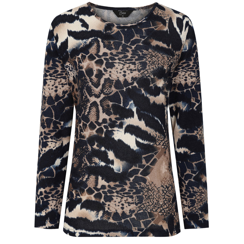 Soft Touch Round Neck Animal Print Top Navy