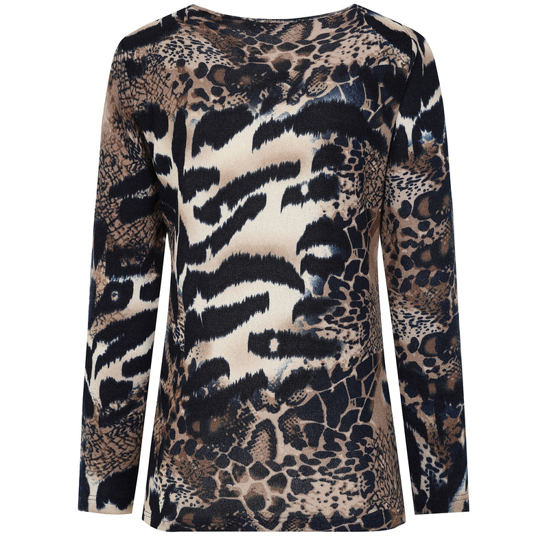 Soft Touch Round Neck Animal Print Top Navy