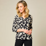 3/4 Sleeve V Neck Floral Print Top Black / White