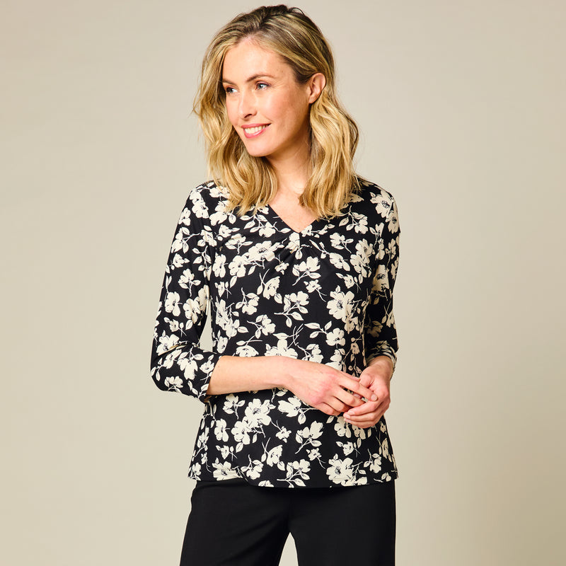 3/4 Sleeve V Neck Floral Print Top Black / White