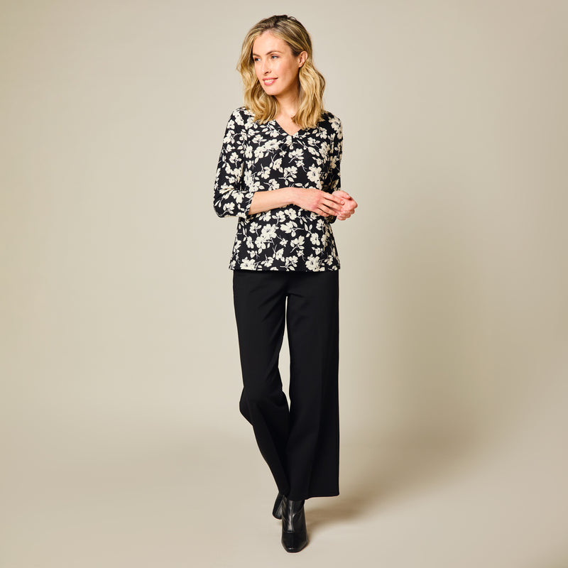 3/4 Sleeve V Neck Floral Print Top Black / White