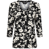 3/4 Sleeve V Neck Floral Print Top Black / White