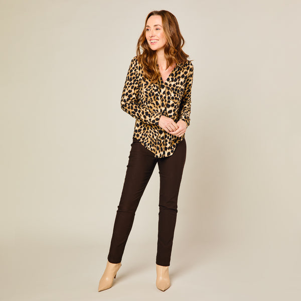 Long Sleeve Animal Print Blouse Brown