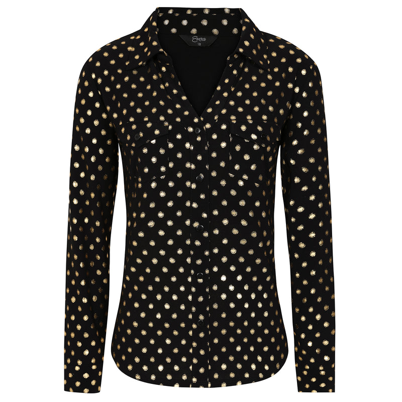 Long Sleeve Metallic Spot Blouse Black/Gold