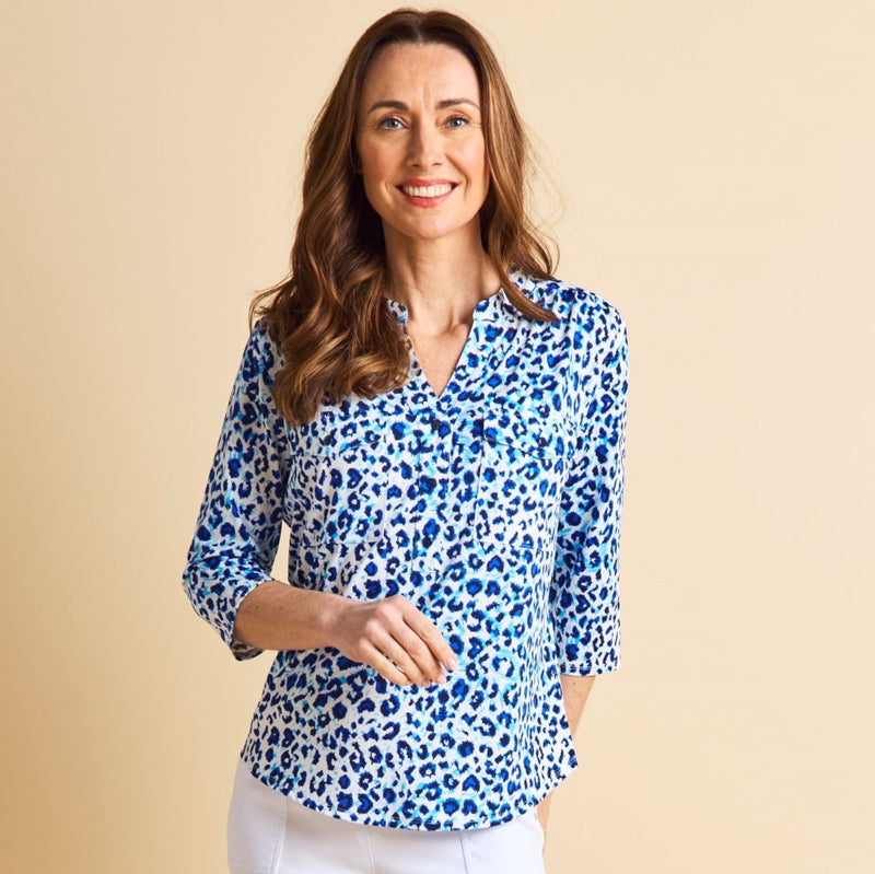 3/4 Sleeve Animal Print Blouse Blue