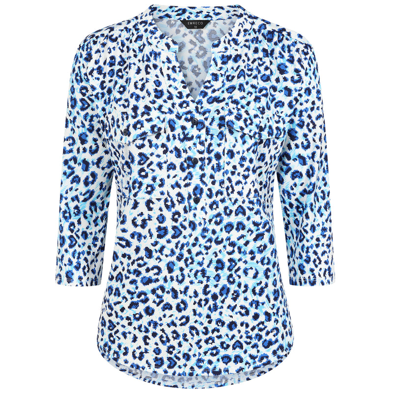 3/4 Sleeve Animal Print Blouse Blue