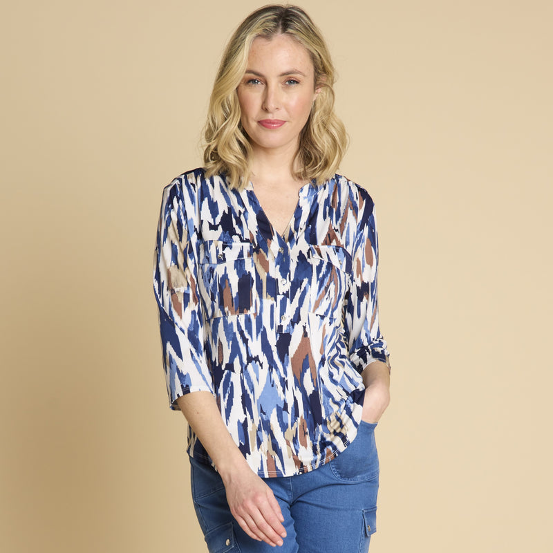 3/4 Sleeve Chevron Print Blouse Navy