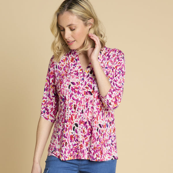 3/4 Sleeve Leaf Print Blouse Pink