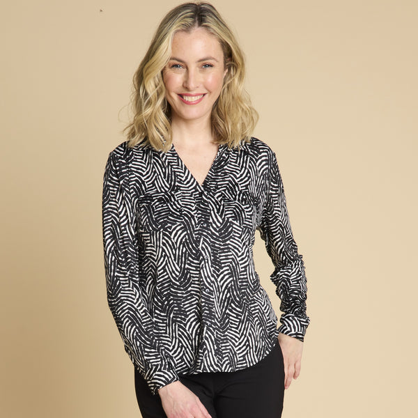 Long Sleeve Wave Print Blouse Black