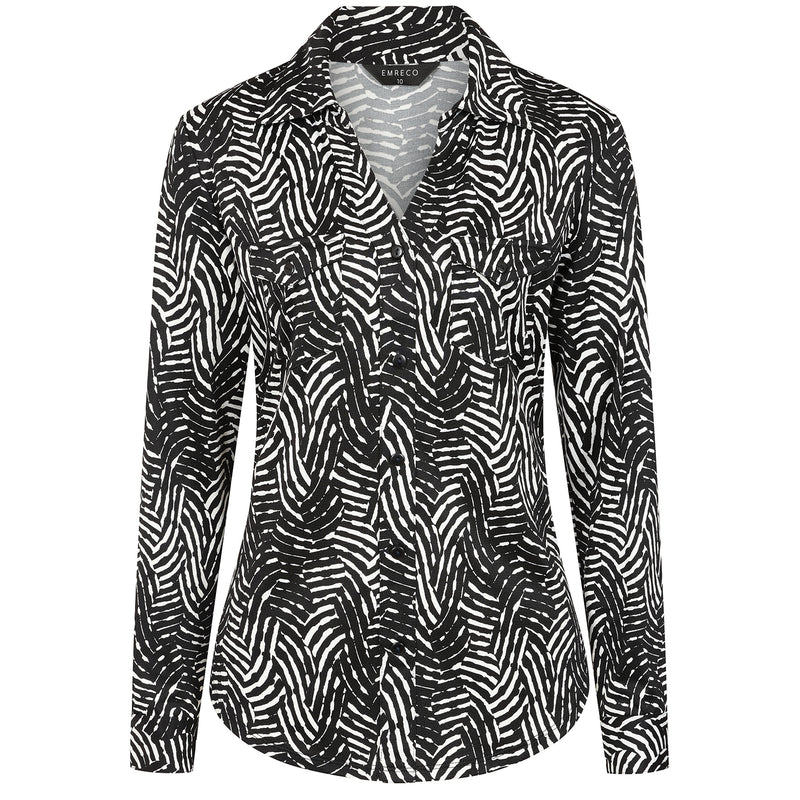 Long Sleeve Wave Print Blouse Black