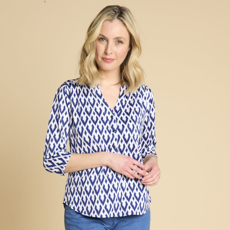 3/4 Sleeve Diamond Print Blouse Blue