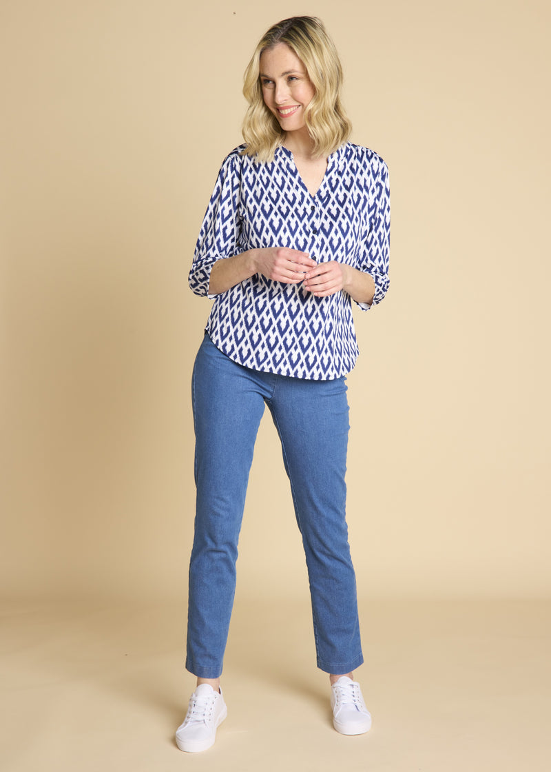 3/4 Sleeve Diamond Print Blouse Blue