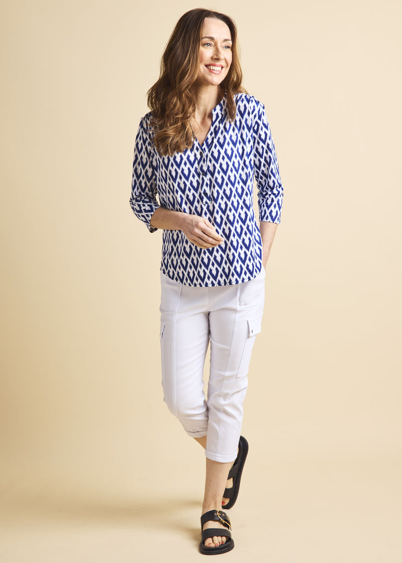 3/4 Sleeve Diamond Print Blouse Blue