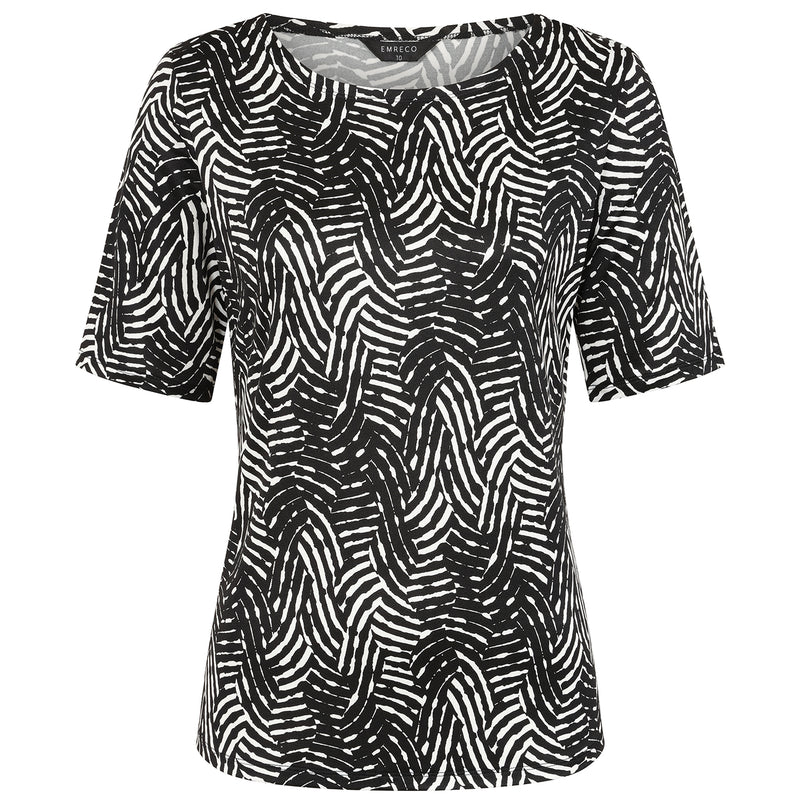 1/2 Sleeve Wave Print Top Black