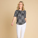 1/2 Sleeve Wave Print Top Black