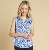 Sleeveless Animal Mandarin Collar Blouse Blue