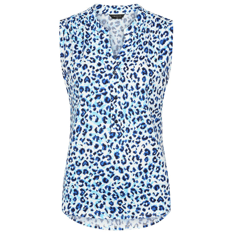 Sleeveless Animal Mandarin Collar Blouse Blue