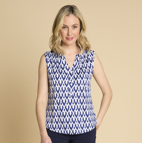 Sleeveless Diamond Mandarin Blouse Blue