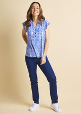 Sleeveless Frill Geo Tile Print Top Blue