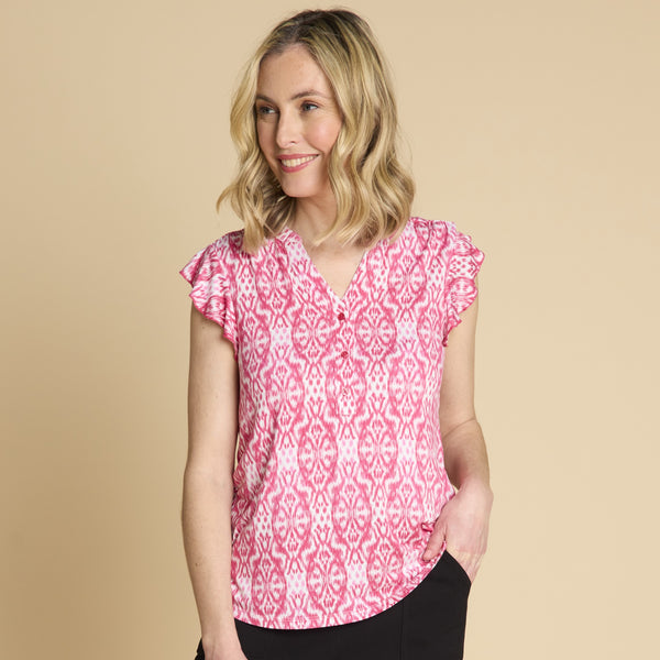 Sleeveless Frill Geo Tile Print Top Pink