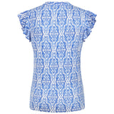 Sleeveless Frill Geo Tile Print Top Blue