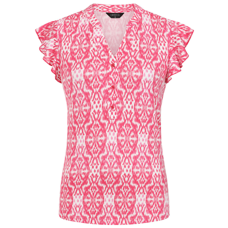 Sleeveless Frill Geo Tile Print Top Pink