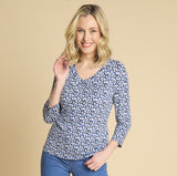 3/4 Sleeve V Neck Animal Print Top Blue