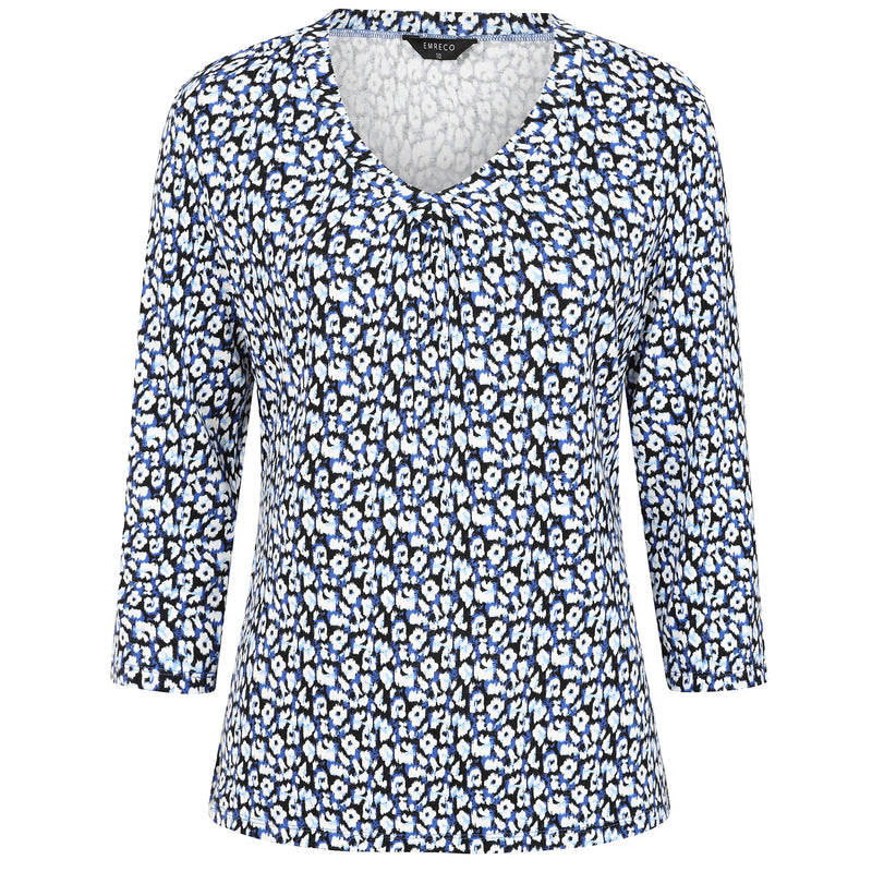 3/4 Sleeve V Neck Animal Print Top Blue