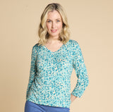 3/4 Sleeve V Neck  Animal Print Top Green