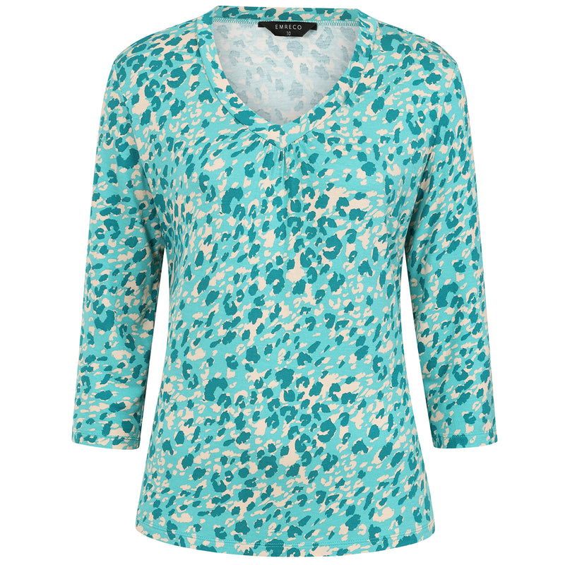 3/4 Sleeve V Neck  Animal Print Top Green