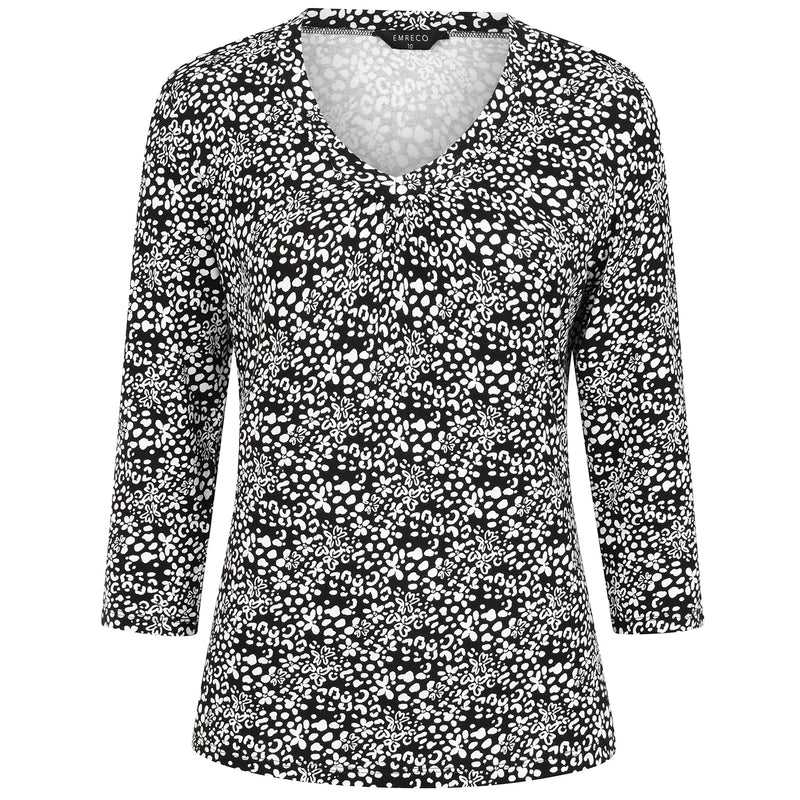 3/4 Sleeve V Neck Floral Print Top Black